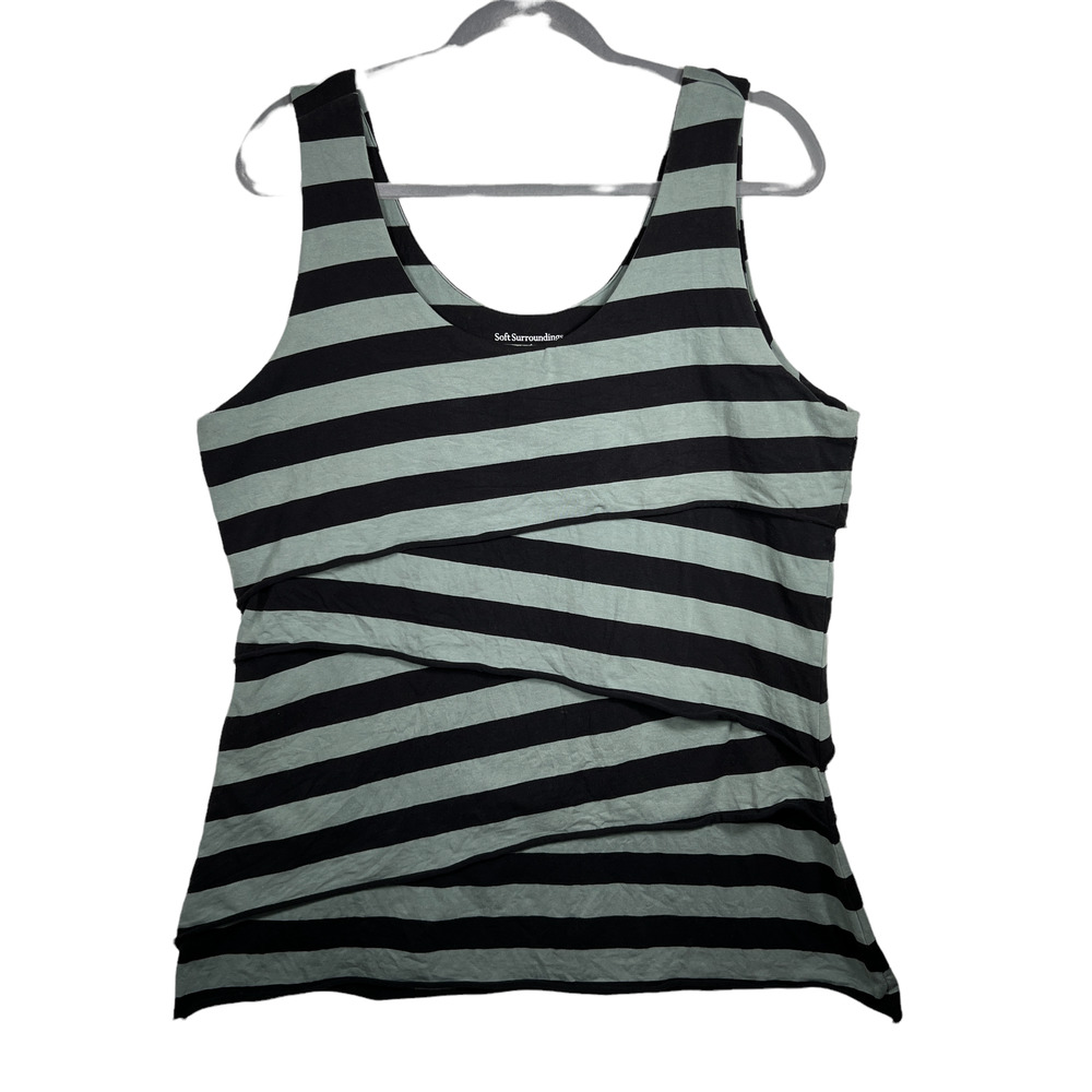 Soft Surroundings Green and Black Striped Asymmetrical Layered Tank 1X